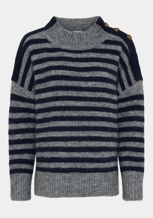 I SAY Anna Button Pullover Knitwear M30 Grey w/Blue Stripe