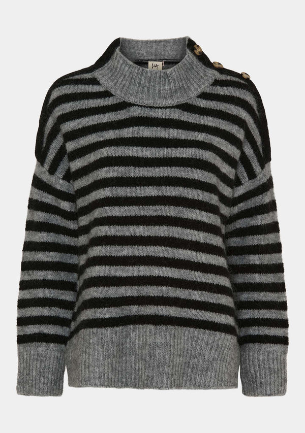 I SAY Anna Button Pullover Knitwear M42 Grey/Black Stripe