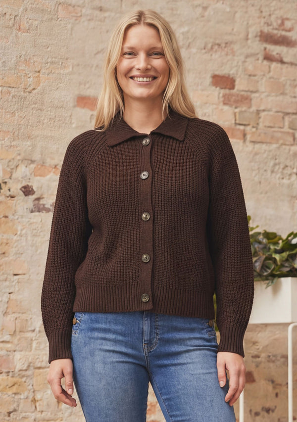 I SAY Gunda Colar Cardigan Knitwear 356 Dark brown